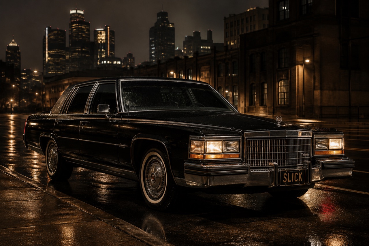 Black 1985 Cadillac Fleetwood Brougham d'Elegance production artwork