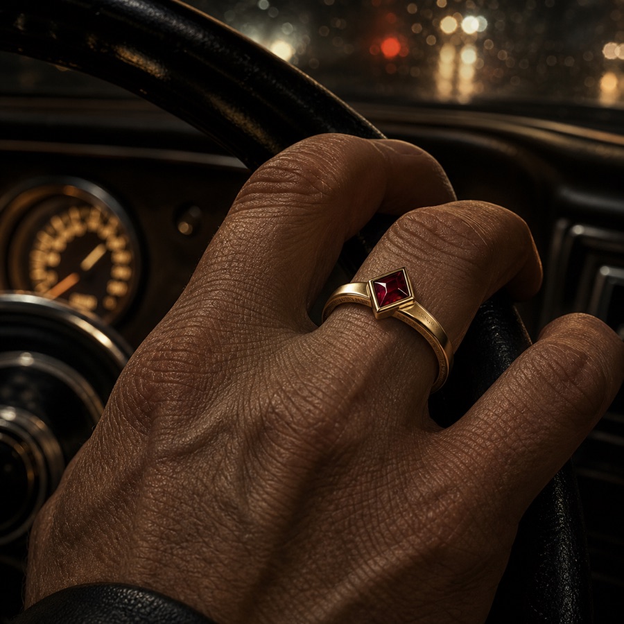 Ruby-red diamond-shaped yellow-gold ring on right ring finger